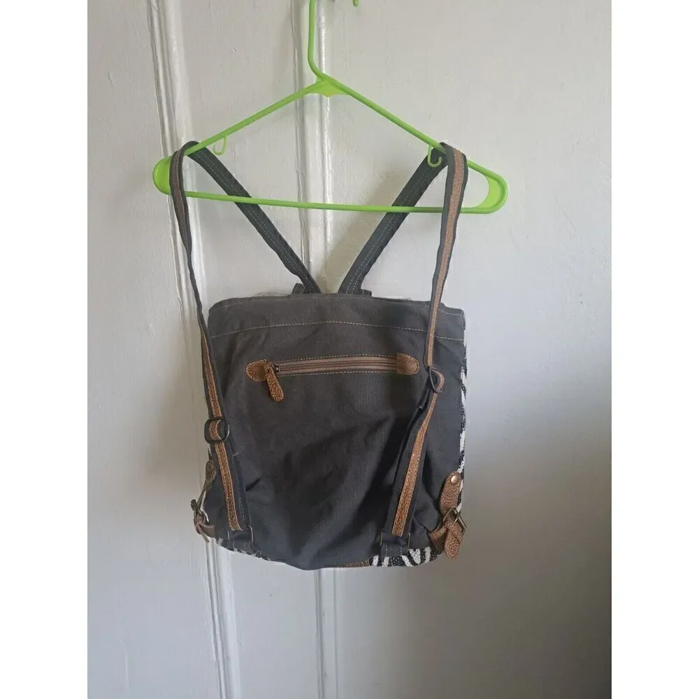 Myra Womens Grizzle Cowhide Upcycled Canvas Leather Gray Backpack Patchwork